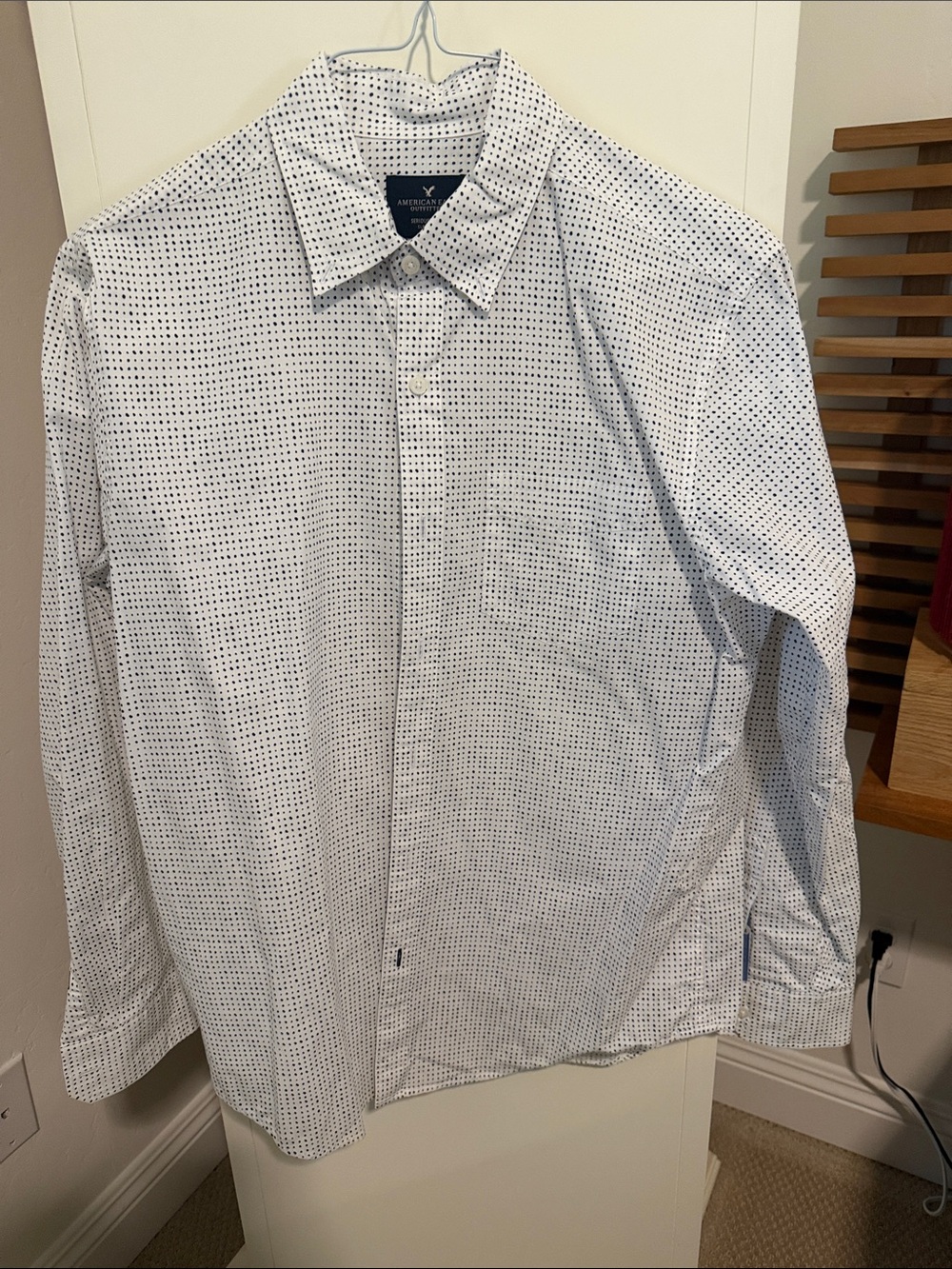 American Eagle Outfitters White Button-Down Shirt with Navy Microdots